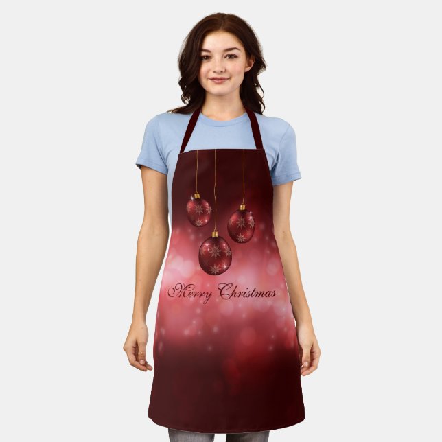 Red Festive Christmas Baubles On Red Bokeh Apron (Worn)