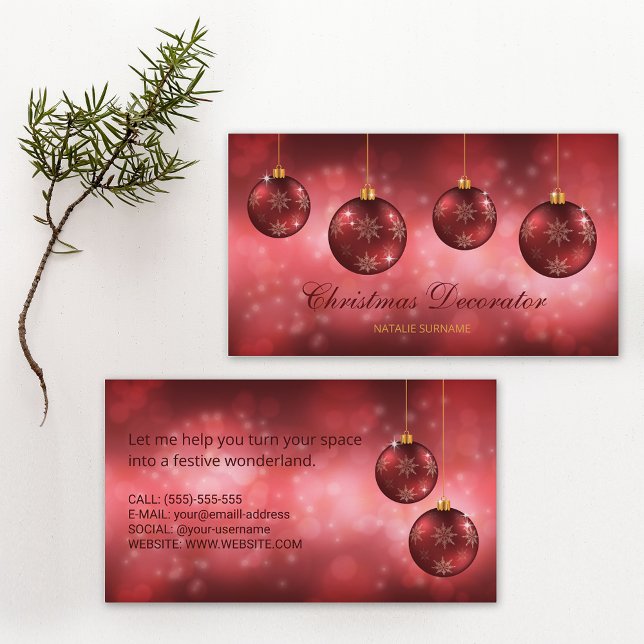 Red Festive Christmas Baubles On Red Bokeh Business Card (Creator Uploaded)