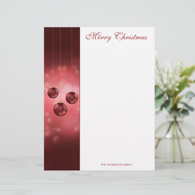 Red Festive Christmas Baubles On Red Bokeh Custom Letterhead (Standing Front)