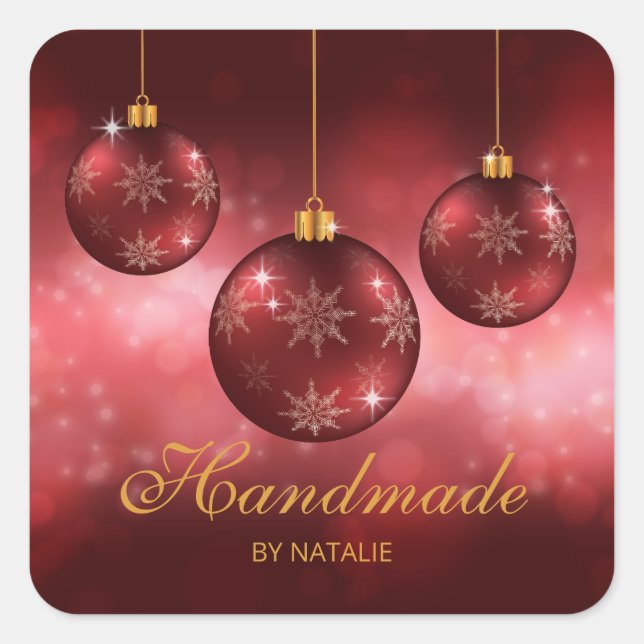 Red Festive Christmas Baubles On Red Bokeh Square Sticker (Front)