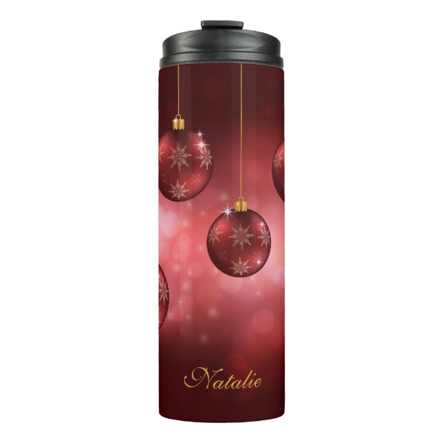 Red Festive Christmas Baubles With Custom Name Thermal Tumbler (Front)