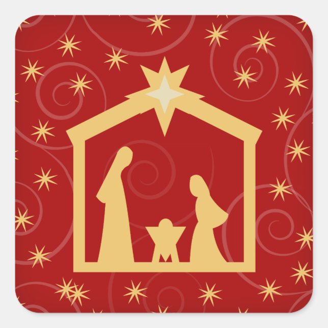 Red Festive Christmas Nativity Scene Square Sticker (Front)