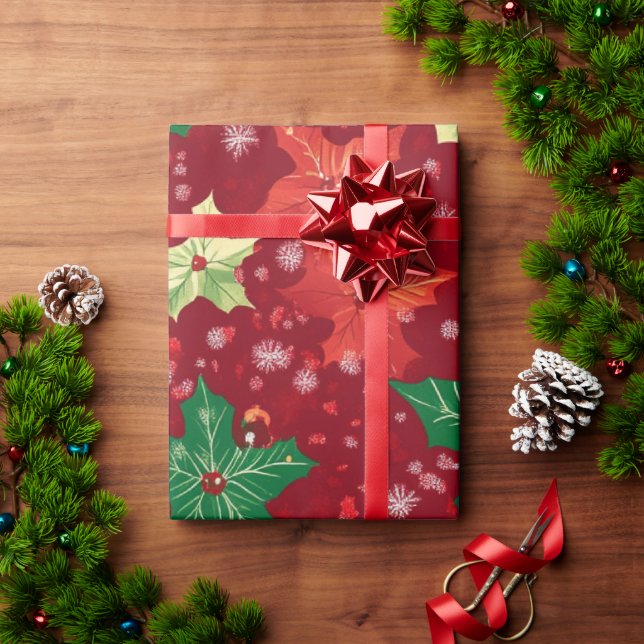 Red  Festive Christmas Patterns Wrapping Paper (Holiday Gift)