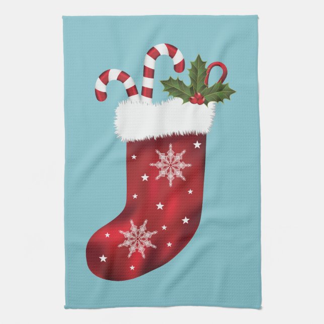 Red Festive Christmas Stocking On Blue Tea Towel (Vertical)