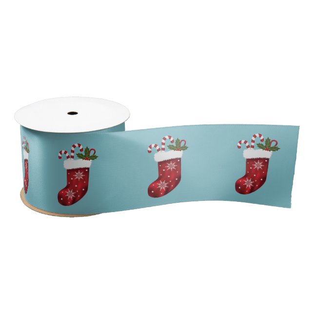 Red Festive Christmas Stockings On Blue Satin Ribbon (Spool)