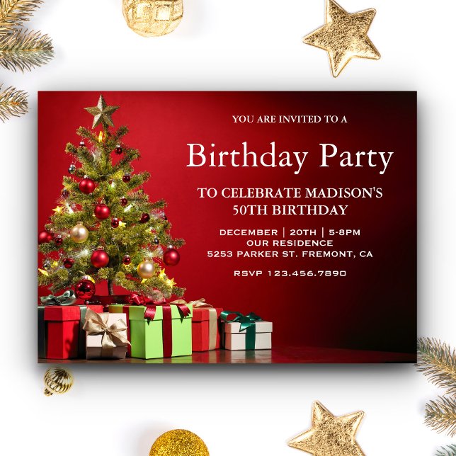 Red Festive Holiday Christmas Tree Birthday Party Invitation (Creator Uploaded)