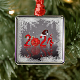  Red Festive Merry Christmas New Year 2024 Metal Ornament