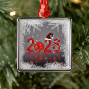 Red Festive Merry Christmas New Year 2026 Metal Ornament