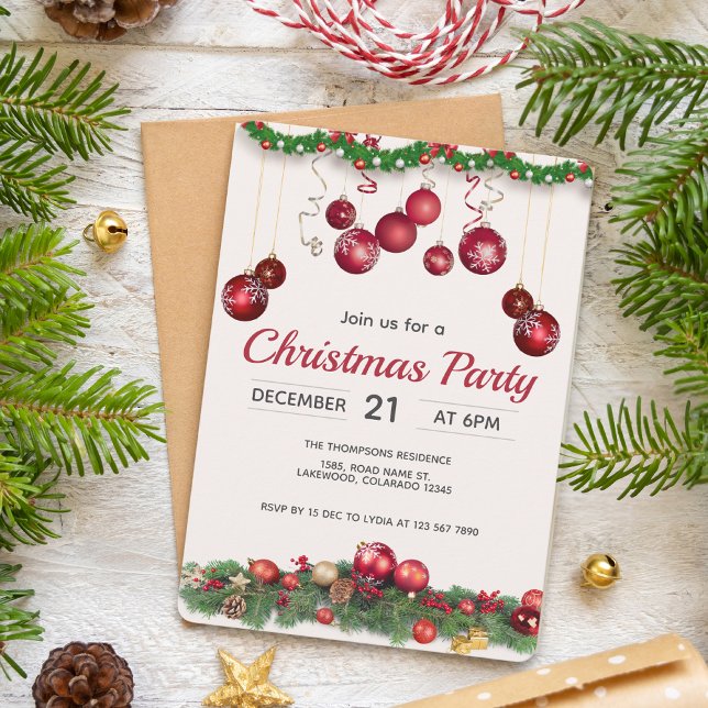 Red Festive Ornaments Modern Christmas Invitation (Creator Uploaded)