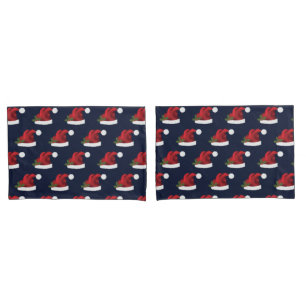 Red Festive Santa Hat On Blue Pattern Pillowcase