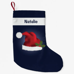 Red Festive Santa Hat On Blue With Custom Name Small Christmas Stocking