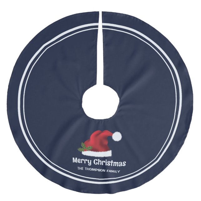 Red Festive Santa Hat On Blue With Custom Text Brushed Polyester Tree Skirt (Front)