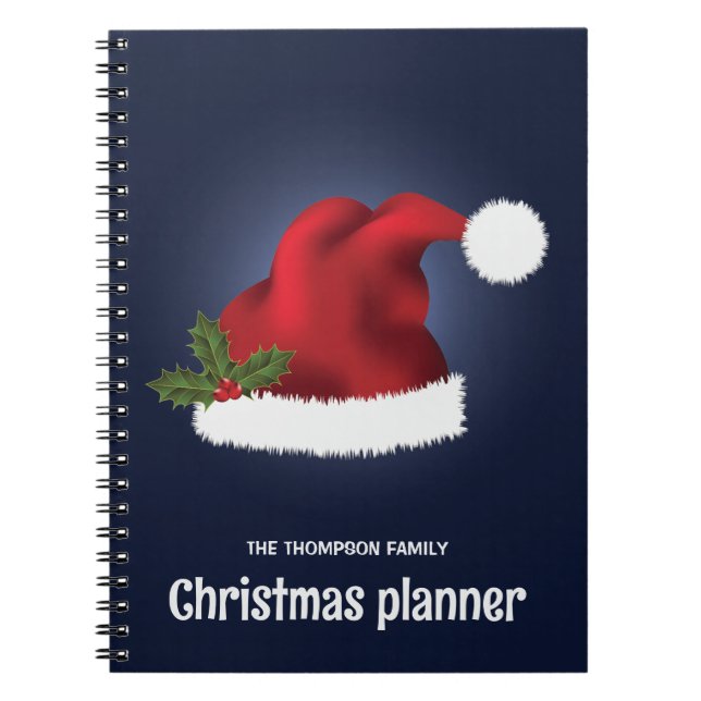 Red Festive Santa Hat On Blue With Custom Text Notebook (Front)