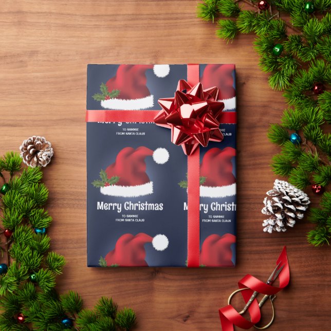 Red Festive Santa Hat On Blue With Custom Text Wrapping Paper (Holiday Gift)