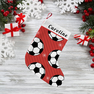 Red Festive Soccer Ball & Snowflake Kids Name Xmas Small Christmas Stocking