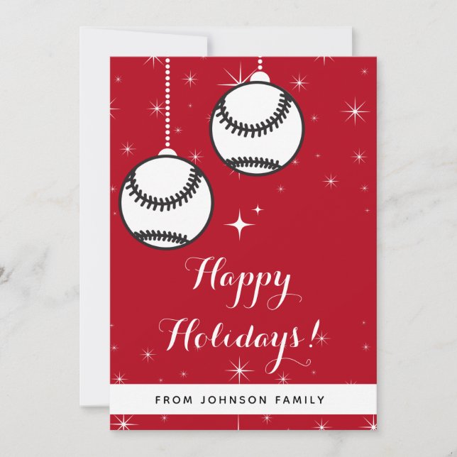 Red Festive Softball Baseball Holidays Ball Sports Holiday Card (Front)
