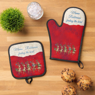 Red Festive Whimsical Reindeer  Oven Mitt & Pot Holder Set