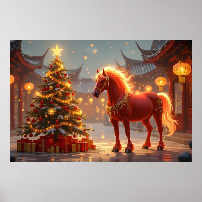 Red Fiery Horse, Christmas Tree & Chinese Lanterns Poster (Front)