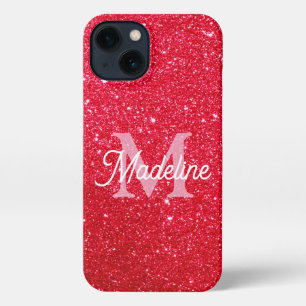 Red Fiery Sparkling Glitter Monogrammed iPhone 13 Case