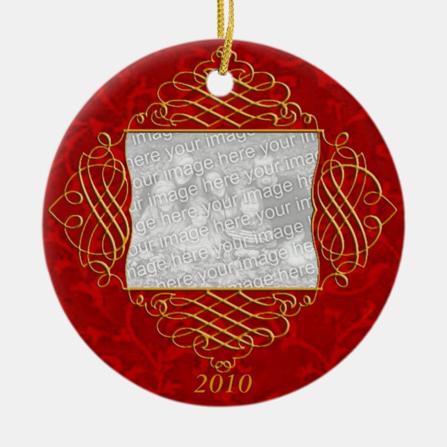 Red Filigree Family Photo Ornament (Front)