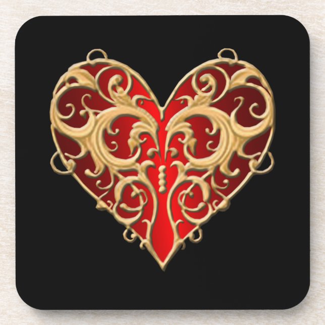 Red Filigree Heart Coasters (Front)