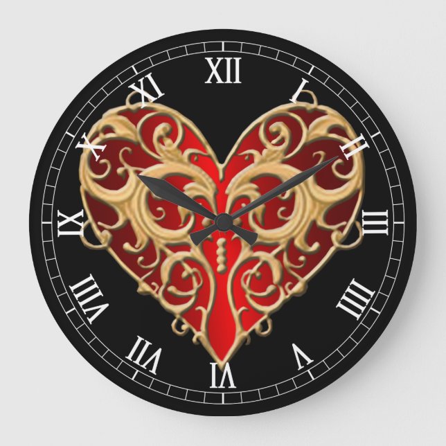 Red Filigree Heart Roman Numeral Clock (Front)