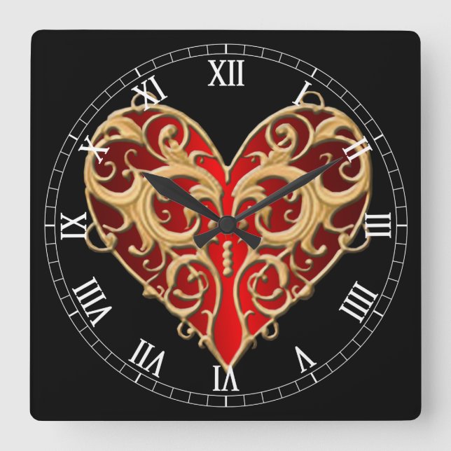 Red Filigree Heart Roman Numeral Clock (Front)