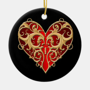 Red Filigree Heart Round Ornament