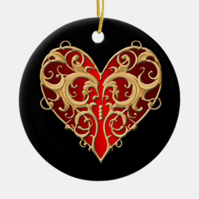 Red Filigree Heart Round Ornament (Front)