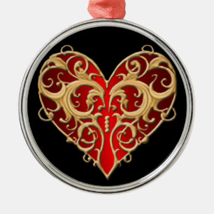 Red Filigree Heart Round Ornament
