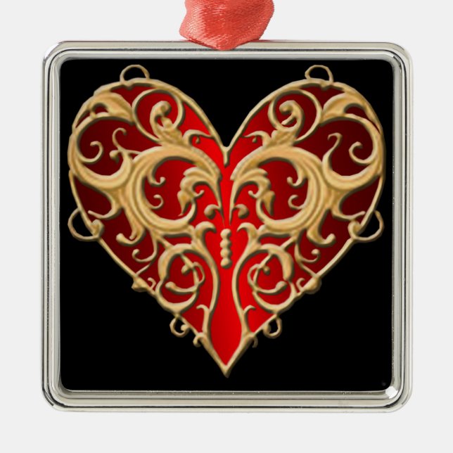 Red Filigree Heart Square Ornament (Front)