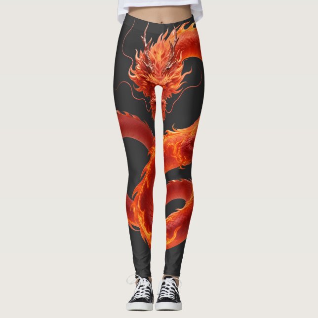 Red Fire Dragon Art | Mythical Flame Dragon Design Leggings (Front)