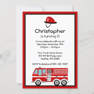 Red Fire Engine and Hat Birthday Party Invitations