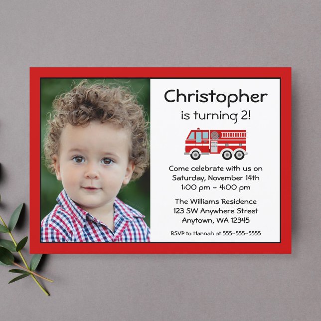 Red Fire Engine Birthday Party Photo Invitations (Creator Uploaded)