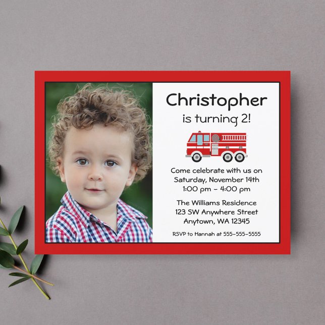 Red Fire Engine Birthday Party Photo Invitations (Creator Uploaded)