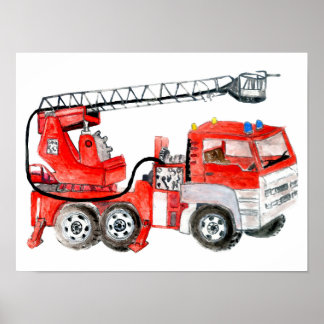 Red fire engine, fire truck illustration poster
