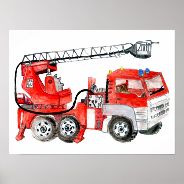 Red fire engine, fire truck illustration poster (Front)
