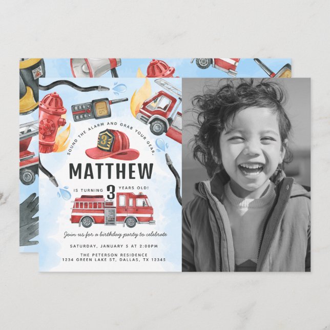 Red Fire Engine Truck Birthday Party Invitation (Front/Back)