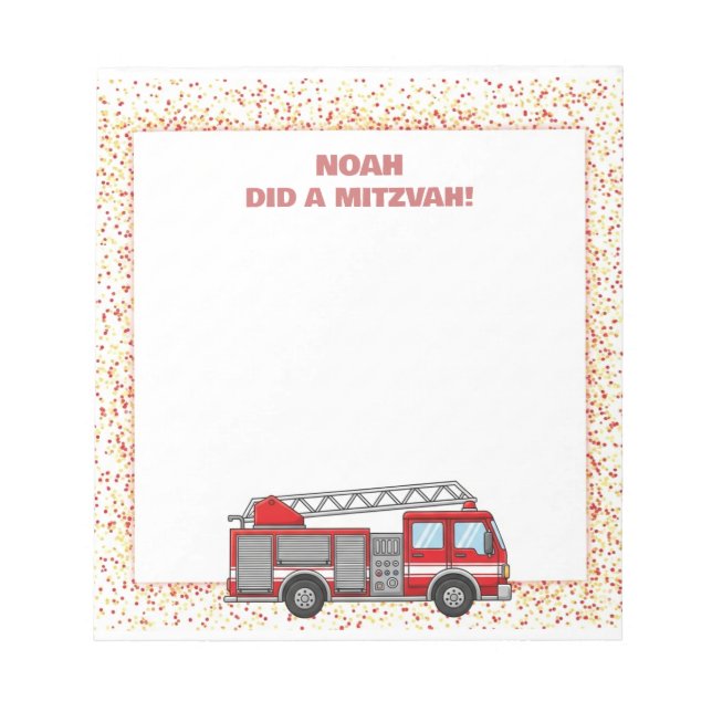 Red Fire FIghter Truck Personalised Mitzvah  Notepad (Front)