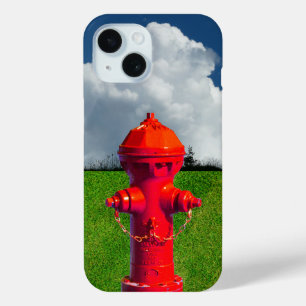 Red Fire Hydrant, Grass, Cloudy Sky iPhone 15 Case