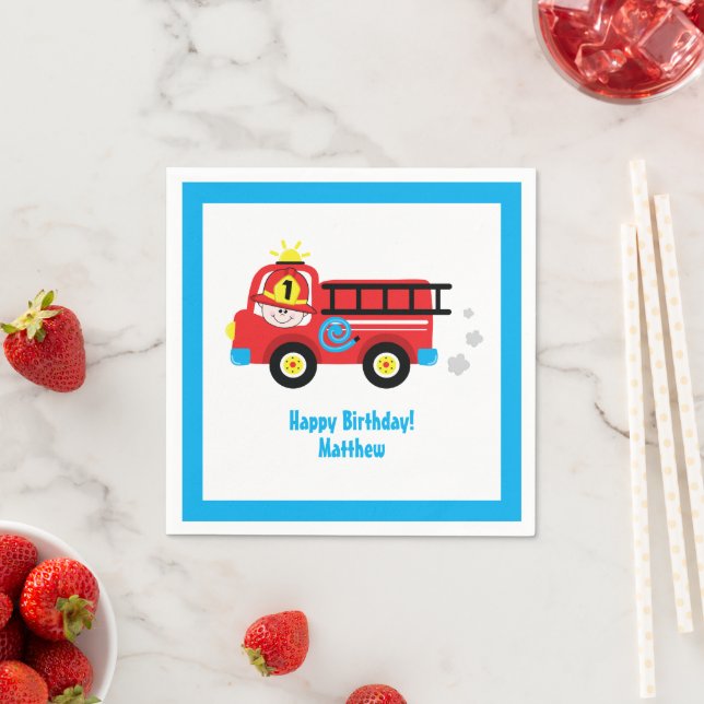 Red Fire Truck Adorable Smiling Fireman Birthday Napkin (Insitu)
