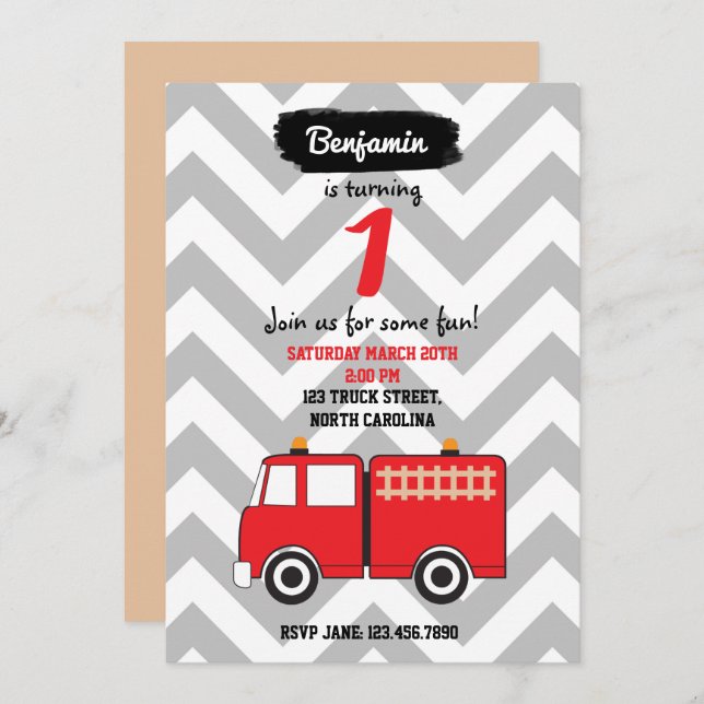 Red Fire Truck Birthday Invitation for Boy or Girl (Front/Back)