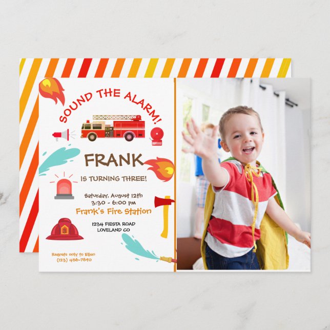 Red Fire Truck Birthday Party Photo  Invitation (Front/Back)