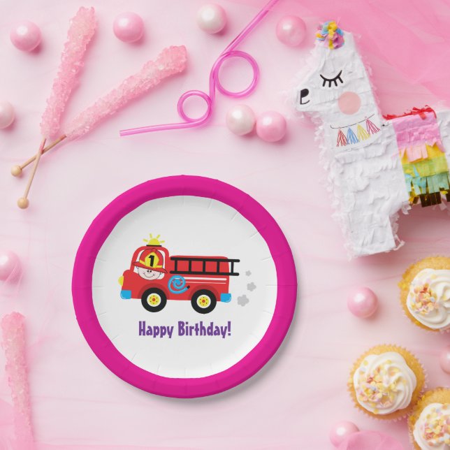 Red Fire Truck Engine Firefighter Rescue Design Paper Plate (Party)