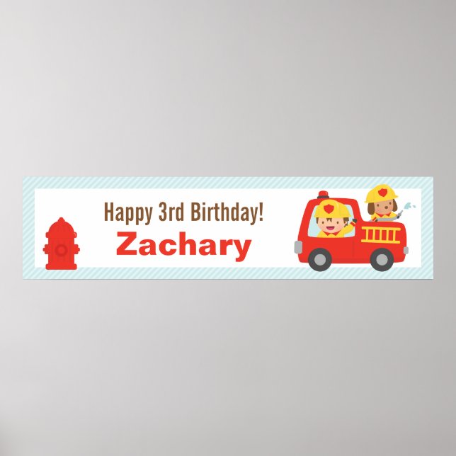 Red Fire Truck Fighter Boy Birthday Party Banner Poster (Front)