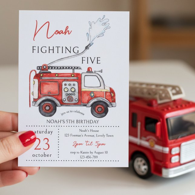 Red Fire Truck Fighting Five 5th Birthday Invitation (Fighting Five 5th  birthday invitation with red fire truck theme)