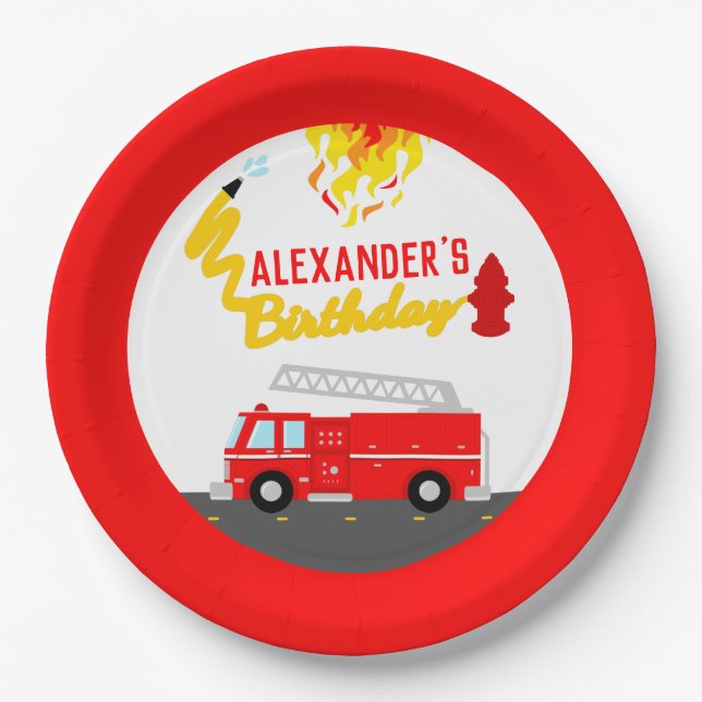 Red Fire Truck Firefighter Birthday Party Paper Plate (Front)