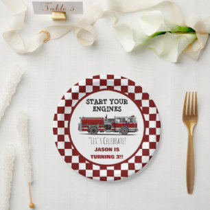 Red Fire Truck Fireman Boys Birthday Thank You Car Paper Plate