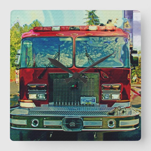 Red Fire Truck Fireman's Art Gift Square Wall Clock (Front)
