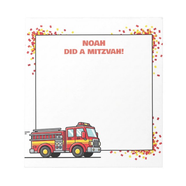 Red Fire Truck Firetruck Personalised Mitzvah  Notepad (Front)
